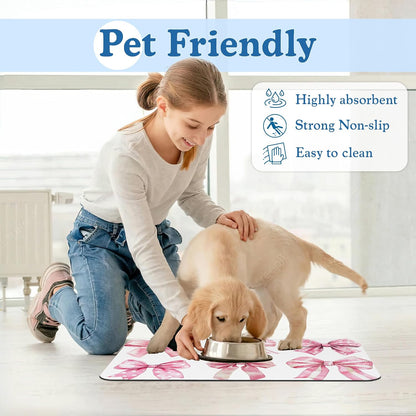 Pink Bows Dog Cat Food Mat–Absorbent Waterproof Placemat for Food and Water Bowls, Non Slip Rubber Backing, Feeding Mat for Clean Floors 16"x24"