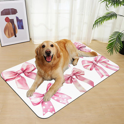 Pink Bows Dog Cat Food Mat–Absorbent Waterproof Placemat for Food and Water Bowls, Non Slip Rubber Backing, Feeding Mat for Clean Floors 16"x24"