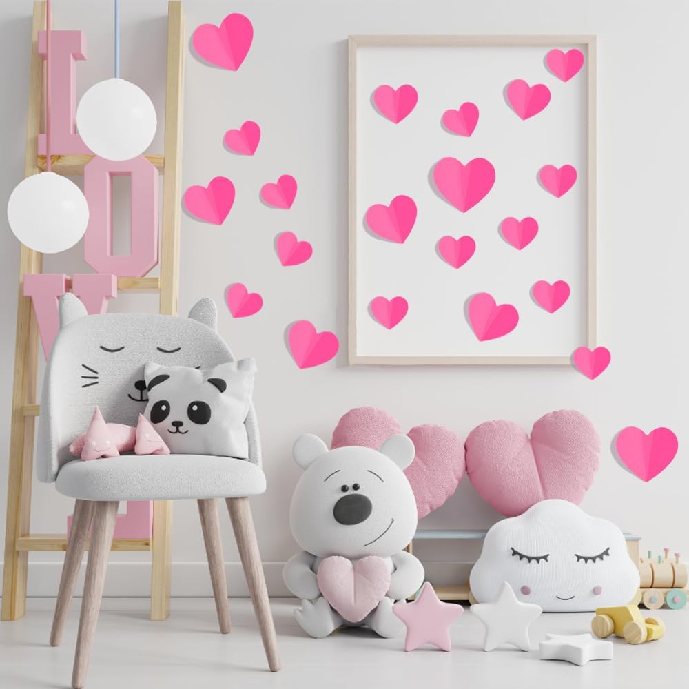 100Pcs 3D Pink Heart Valentines Day Wall Stickers Decorations