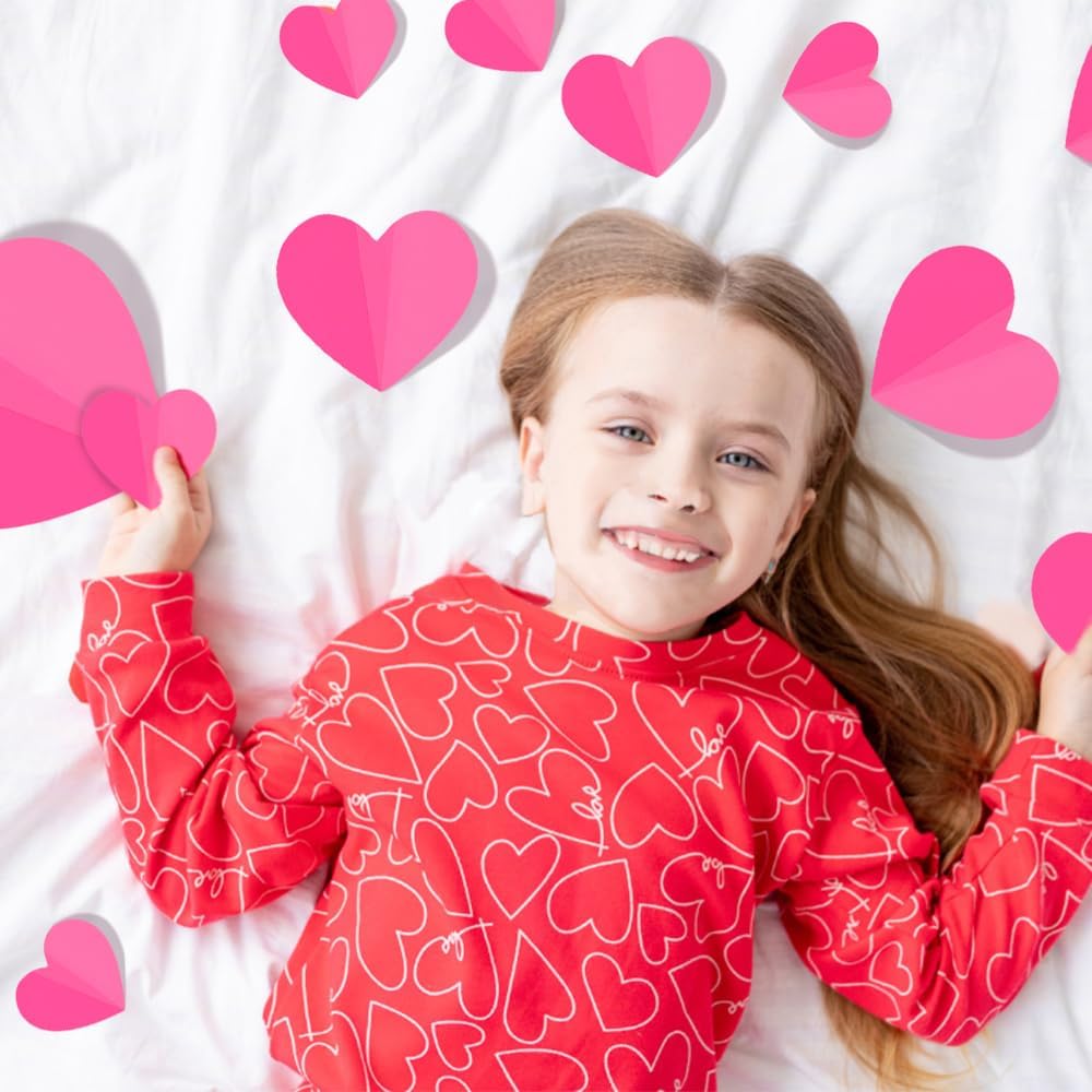 100Pcs 3D Pink Heart Valentines Day Wall Stickers Decorations