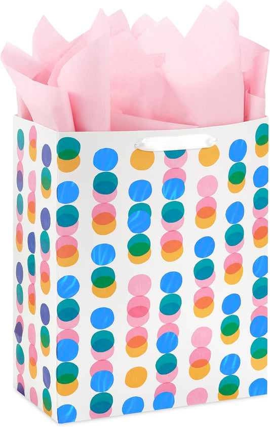 13" Large Gift Bag with Pink Tissue Paper (Pink, Yellow, Foil Blue Dots) for Valentine's Day, Birthdays, Mother's Day, Easter
