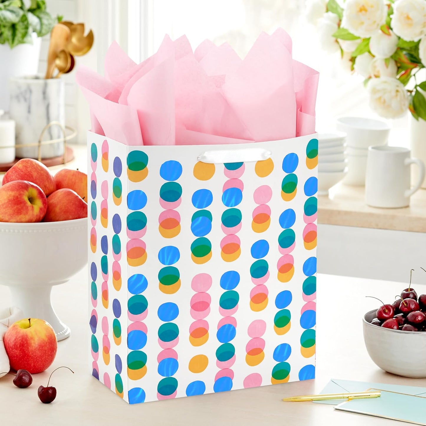 13" Large Gift Bag with Pink Tissue Paper (Pink, Yellow, Foil Blue Dots) for Valentine's Day, Birthdays, Mother's Day, Easter
