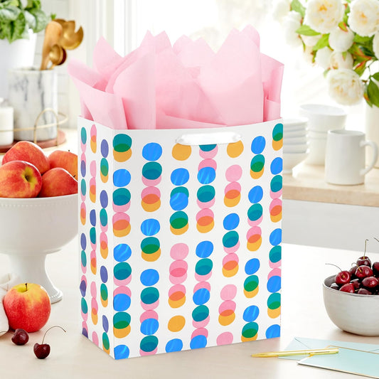 13" Large Gift Bag with Pink Tissue Paper (Pink, Yellow, Foil Blue Dots) for Valentine's Day, Birthdays, Mother's Day, Easter