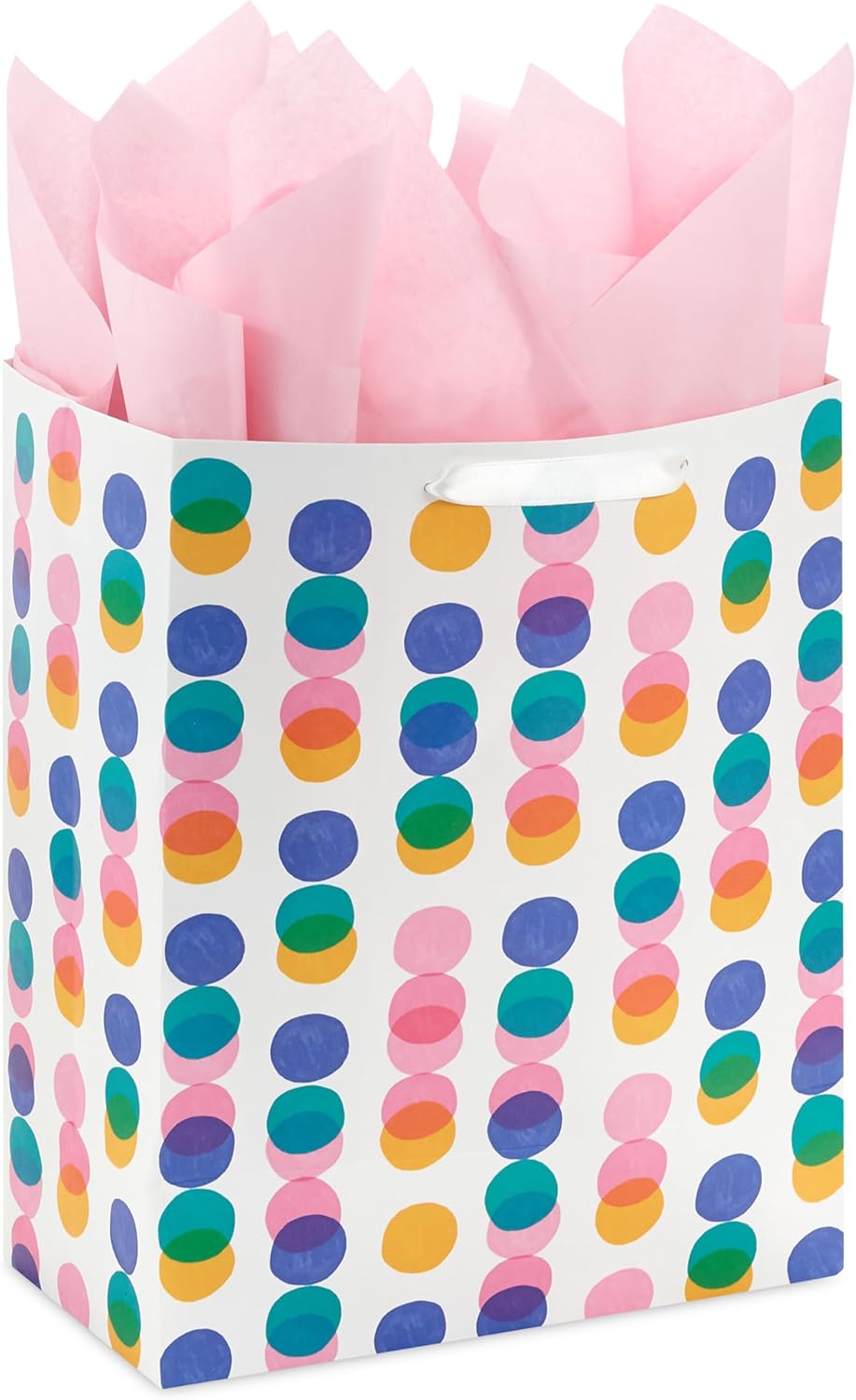 13" Large Gift Bag with Pink Tissue Paper (Pink, Yellow, Foil Blue Dots) for Valentine's Day, Birthdays, Mother's Day, Easter