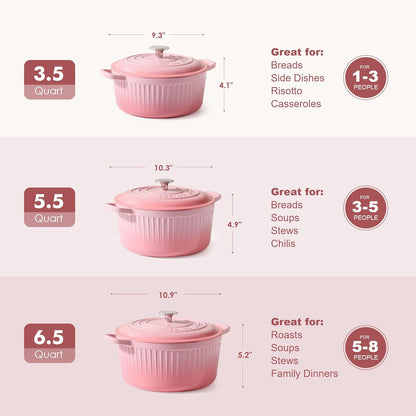 Enameled Cast Iron Dutch Oven Pot with Lid 3.5/5.5/6.5 Quart Heavy-Duty Round Dual Handles Kitchen Pot with Cotton Potholders & Silicone Trivet, Pot for Bread Baking, Stews, Braising, Roasting, Oven Safe, 6.5 Quart, Pink
