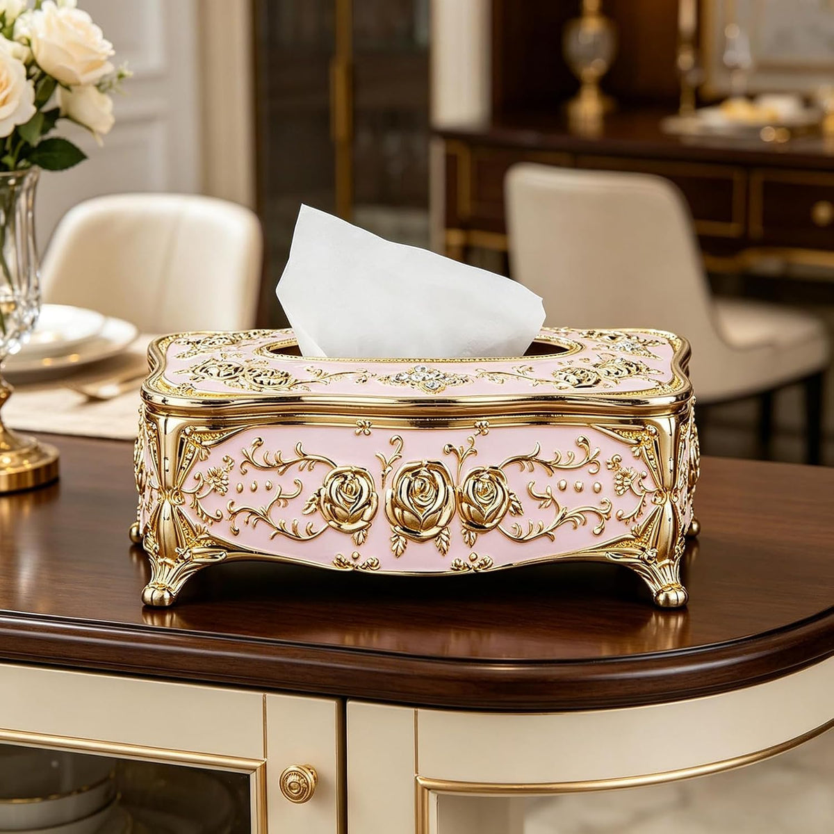 Vintage European Tissue Box Cover Rectangle Rose Pattern