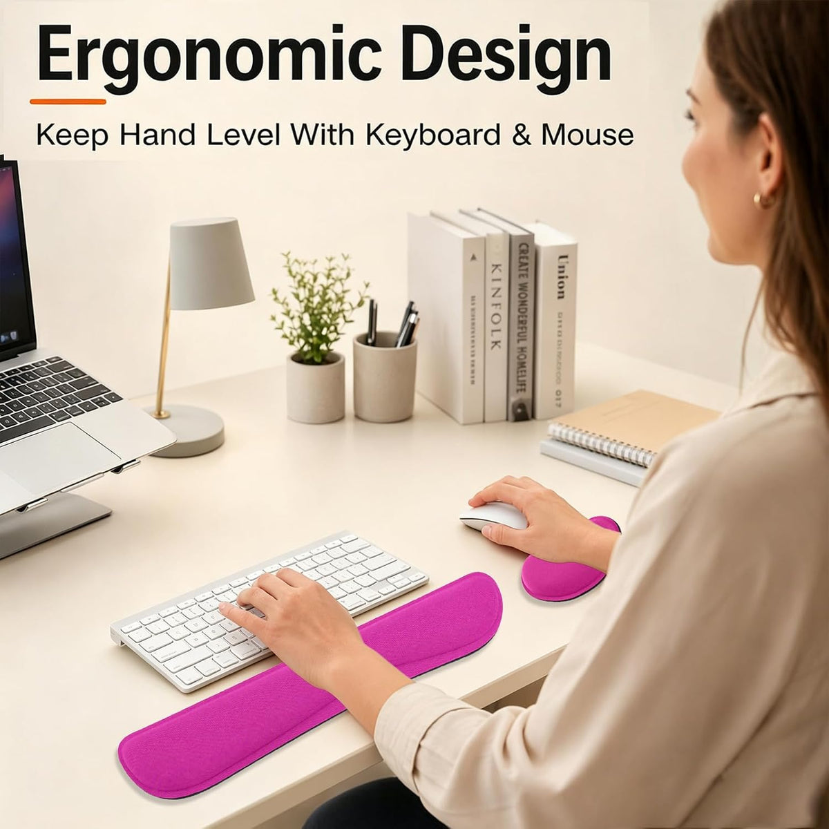 Keyboard Wrist Rest and Mouse Wrist Rest Set - Ergonomic Memory Foam Wrist Cushion - for Wrist Support on Computer, Laptop, Office, Playing Games, Typing Relieves Wrist Pain Rose Red