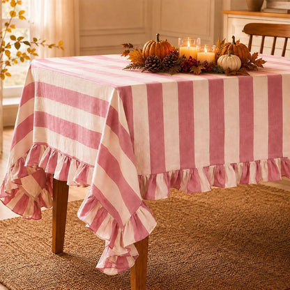 Striped Tablecloth, Pink Beige Table Cover with Ruffle