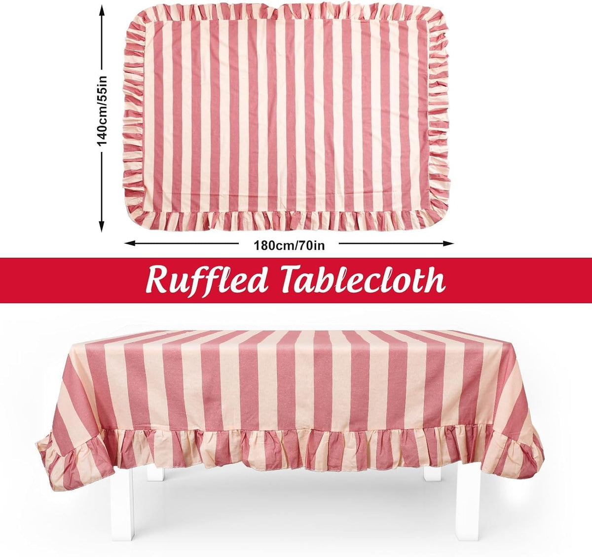 Striped Tablecloth, Pink Beige Table Cover with Ruffle