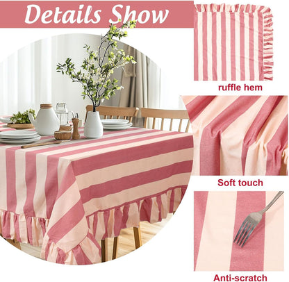 Striped Tablecloth, Pink Beige Table Cover with Ruffle