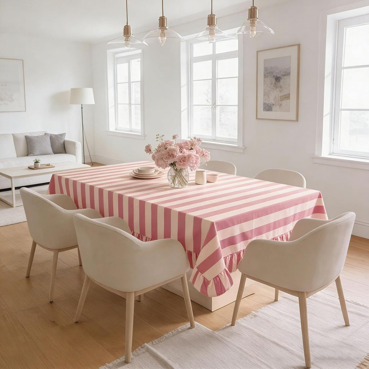 Striped Tablecloth, Pink Beige Table Cover with Ruffle