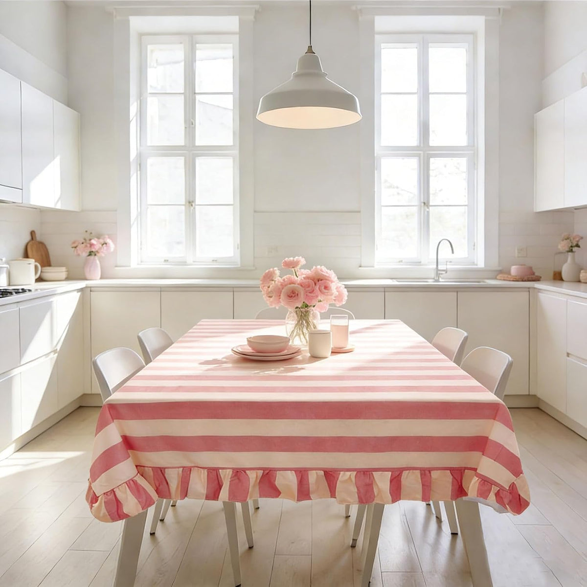 Striped Tablecloth, Pink Beige Table Cover with Ruffle