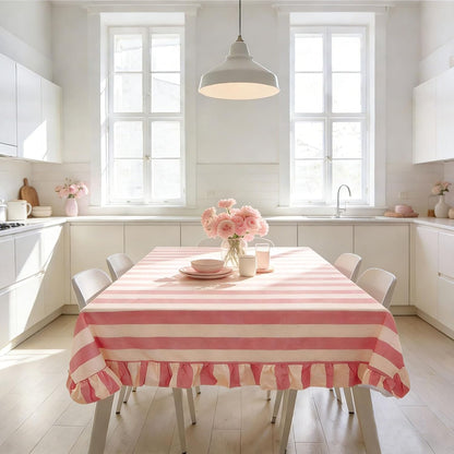Striped Tablecloth, Pink Beige Table Cover with Ruffle