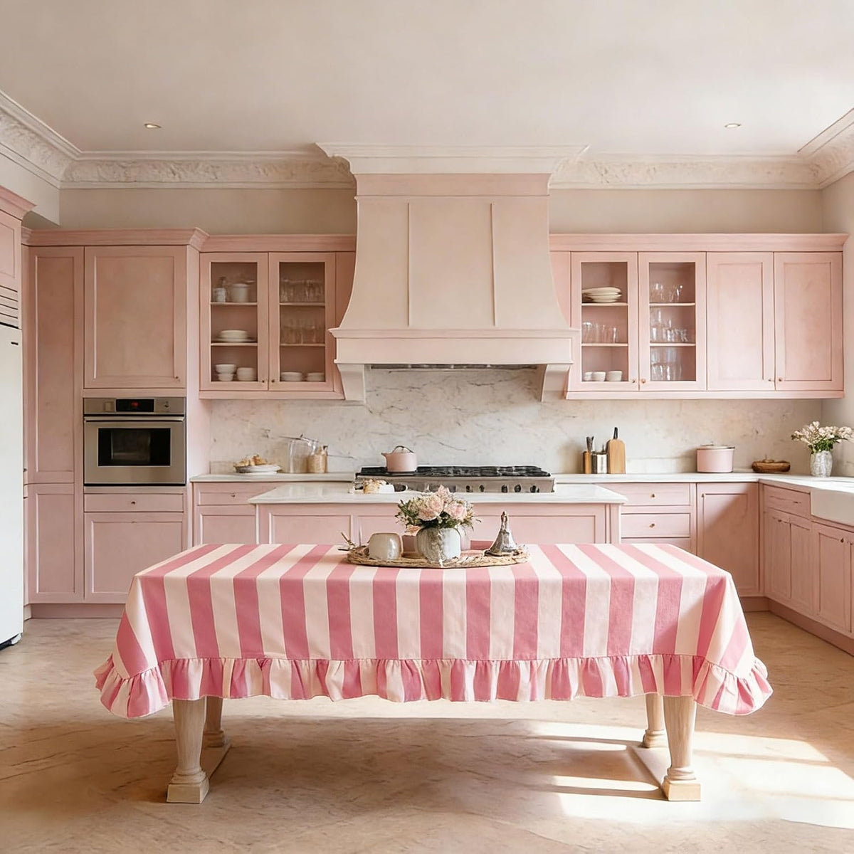Striped Tablecloth, Pink Beige Table Cover with Ruffle