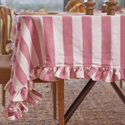 Striped Tablecloth, Pink Beige Table Cover with Ruffle