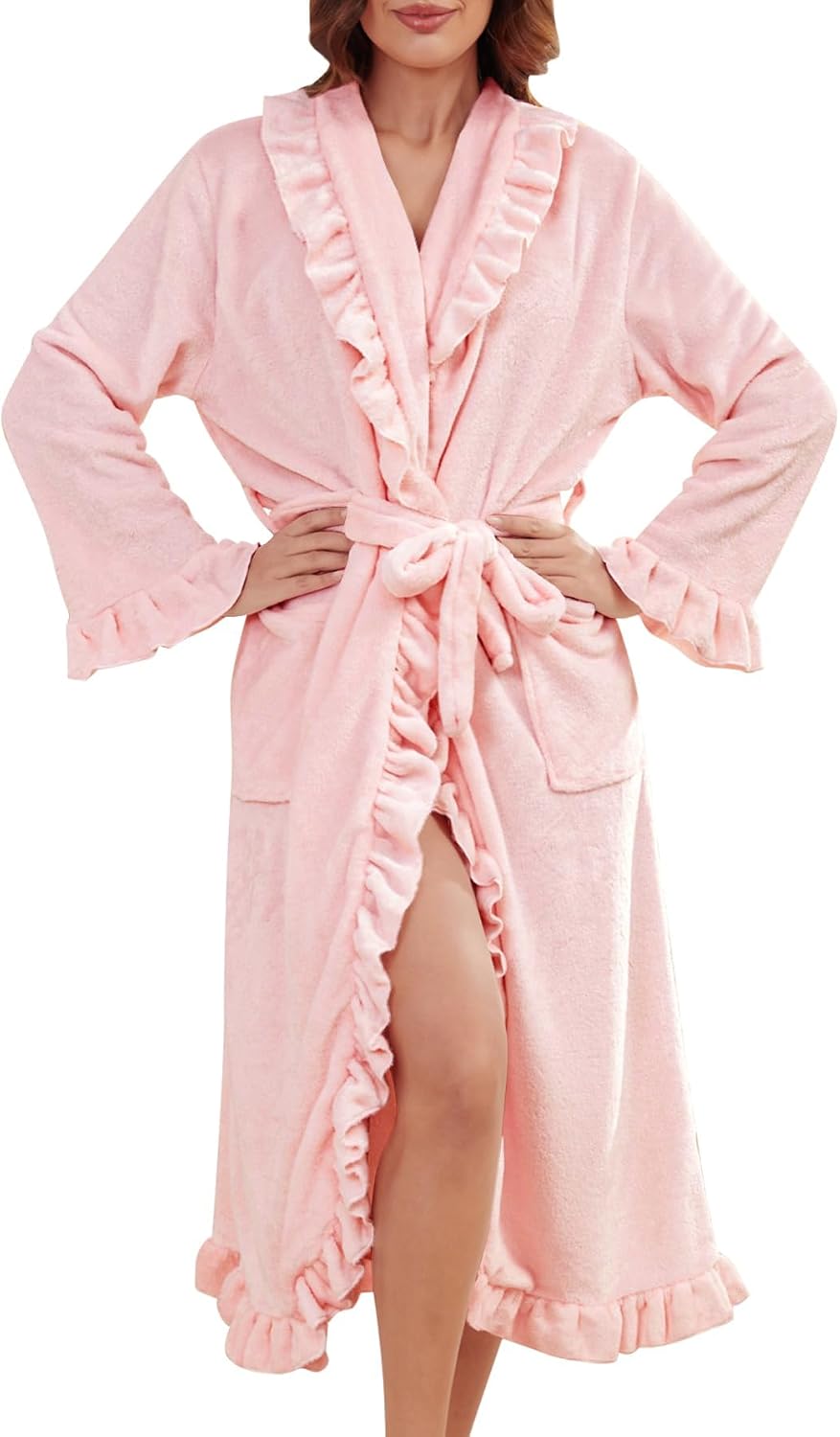 Women's Long Fleece Robe Plush Fluffy Fuzzy Ruffle Bath Robe Warm Loungewear