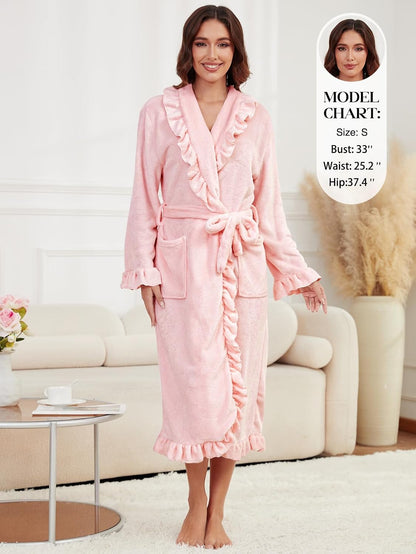 Women's Long Fleece Robe Plush Fluffy Fuzzy Ruffle Bath Robe Warm Loungewear