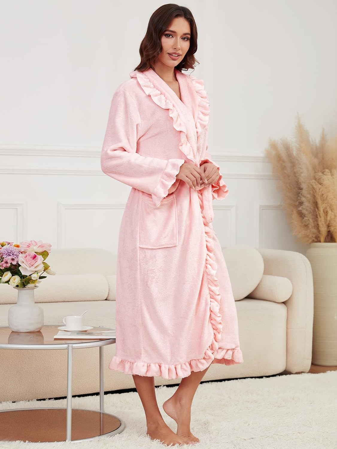 Women's Long Fleece Robe Plush Fluffy Fuzzy Ruffle Bath Robe Warm Loungewear