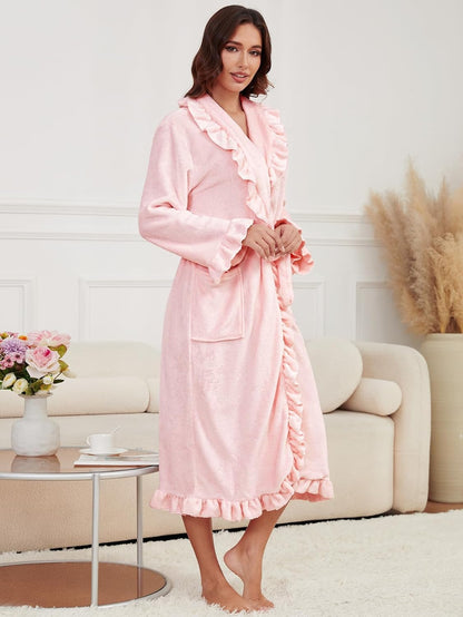 Women's Long Fleece Robe Plush Fluffy Fuzzy Ruffle Bath Robe Warm Loungewear