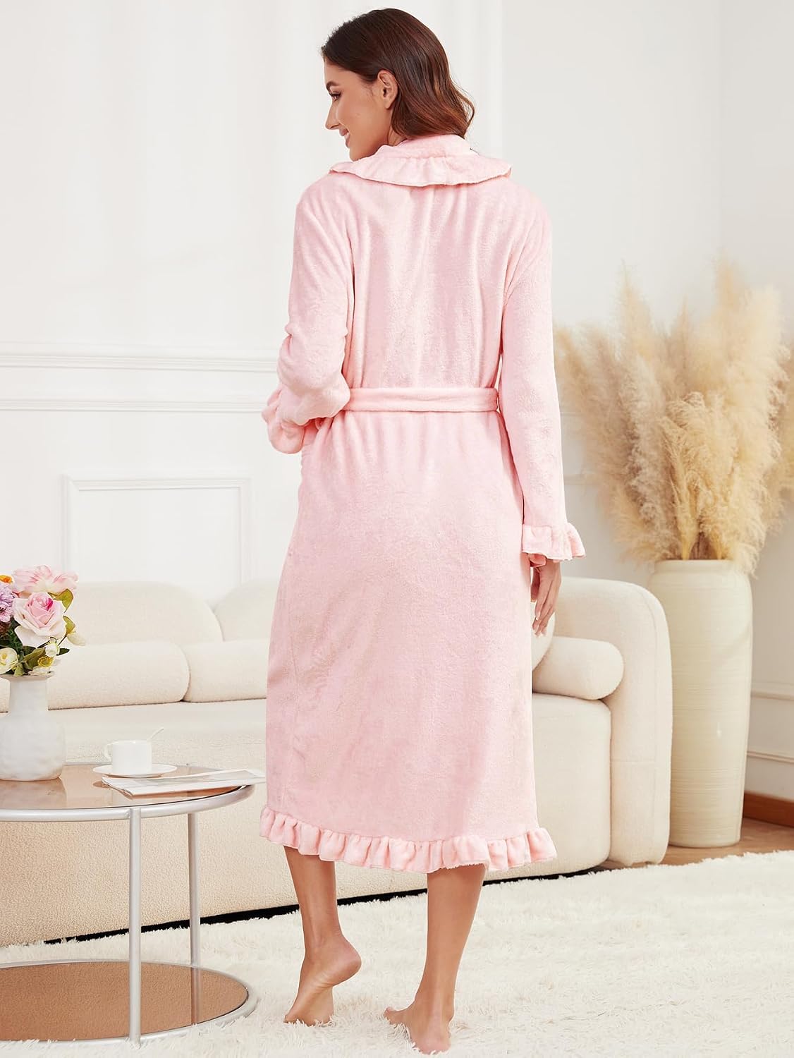 Women's Long Fleece Robe Plush Fluffy Fuzzy Ruffle Bath Robe Warm Loungewear