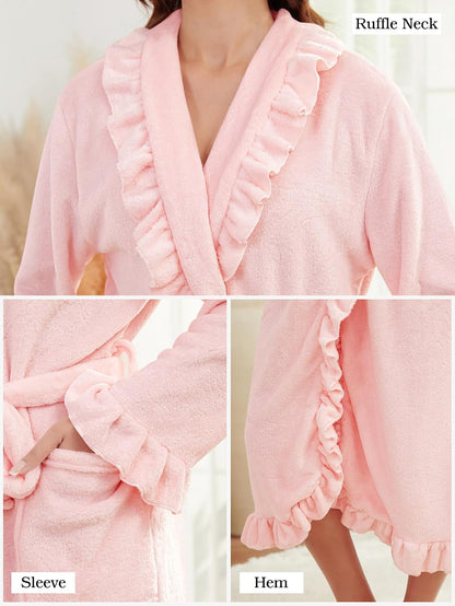 Women's Long Fleece Robe Plush Fluffy Fuzzy Ruffle Bath Robe Warm Loungewear