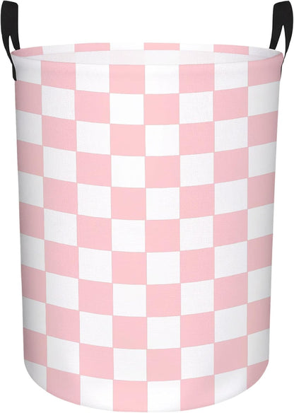 Boys Checkered Laundry Basket Collapsible Baby Gift Hamper Girls Canvas Toy Organizer Bins Kids Car Nursery Room Decor (Pink)