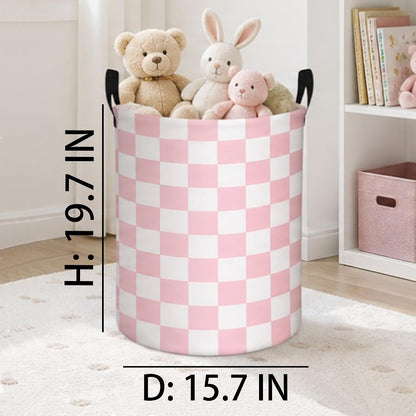 Boys Checkered Laundry Basket Collapsible Baby Gift Hamper Girls Canvas Toy Organizer Bins Kids Car Nursery Room Decor (Pink)