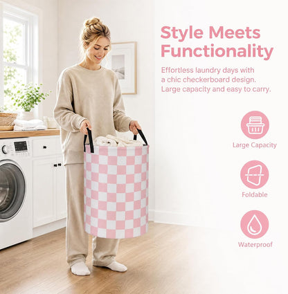 Boys Checkered Laundry Basket Collapsible Baby Gift Hamper Girls Canvas Toy Organizer Bins Kids Car Nursery Room Decor (Pink)
