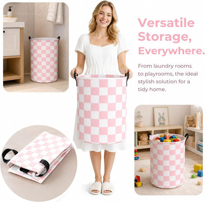 Boys Checkered Laundry Basket Collapsible Baby Gift Hamper Girls Canvas Toy Organizer Bins Kids Car Nursery Room Decor (Pink)