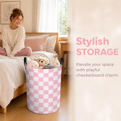 Boys Checkered Laundry Basket Collapsible Baby Gift Hamper Girls Canvas Toy Organizer Bins Kids Car Nursery Room Decor (Pink)