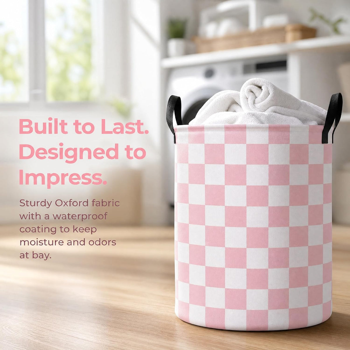 Boys Checkered Laundry Basket Collapsible Baby Gift Hamper Girls Canvas Toy Organizer Bins Kids Car Nursery Room Decor (Pink)