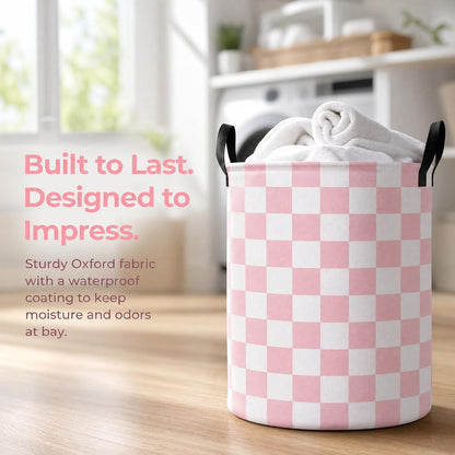 Boys Checkered Laundry Basket Collapsible Baby Gift Hamper Girls Canvas Toy Organizer Bins Kids Car Nursery Room Decor (Pink)