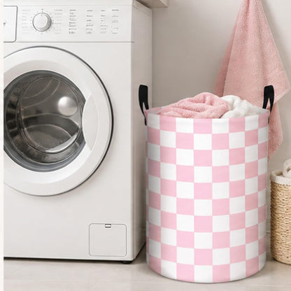 Boys Checkered Laundry Basket Collapsible Baby Gift Hamper Girls Canvas Toy Organizer Bins Kids Car Nursery Room Decor (Pink)