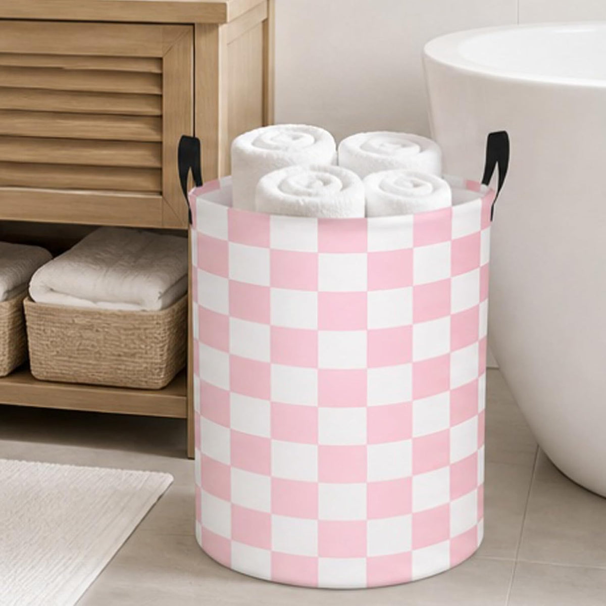 Boys Checkered Laundry Basket Collapsible Baby Gift Hamper Girls Canvas Toy Organizer Bins Kids Car Nursery Room Decor (Pink)