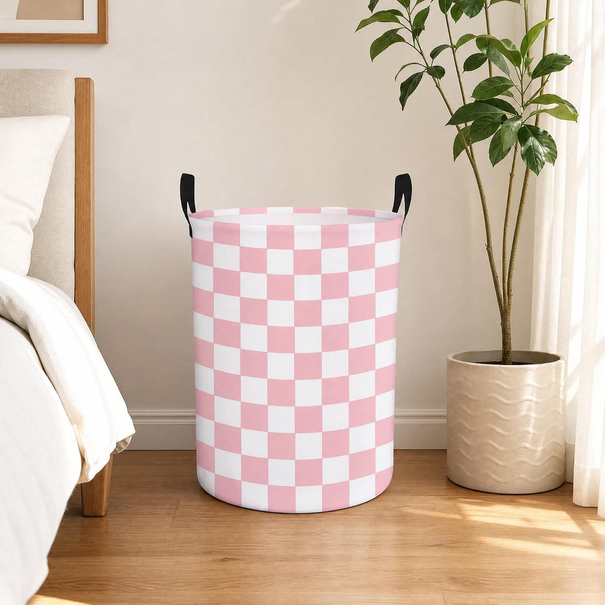 Boys Checkered Laundry Basket Collapsible Baby Gift Hamper Girls Canvas Toy Organizer Bins Kids Car Nursery Room Decor (Pink)