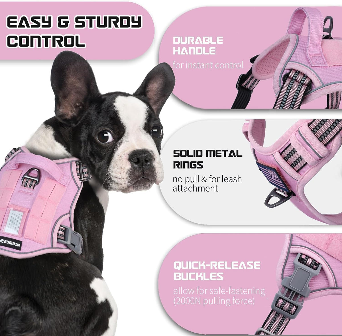 Tactical Dog Harness for Medium Dogs No Pull, Famous TIK Tok No Pull Puppy Harness, Fit Smart Reflective Pet Walking Harness for Training, Adjustable Dog Vest Harness with Handle Pink M