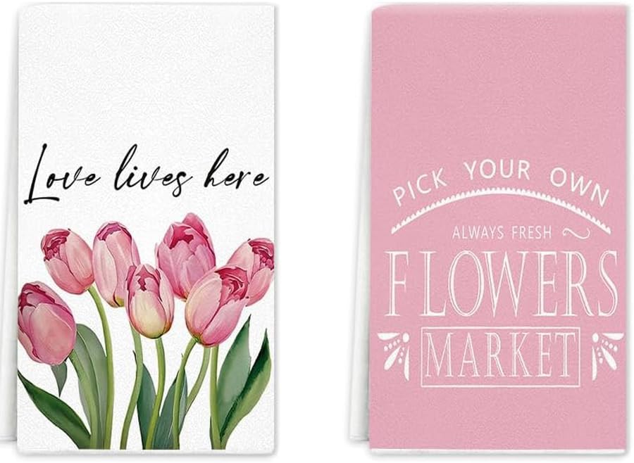 Spring Pink Tulip Flowers Dish Towels Hand Towels, 16x24 inch Pink Floral Kitchen Towels Set of 2, Decorative Towels Drying Cloth for Bathroom Kitchen Decoration