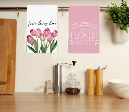Spring Pink Tulip Flowers Dish Towels Hand Towels, 16x24 inch Pink Floral Kitchen Towels Set of 2, Decorative Towels Drying Cloth for Bathroom Kitchen Decoration