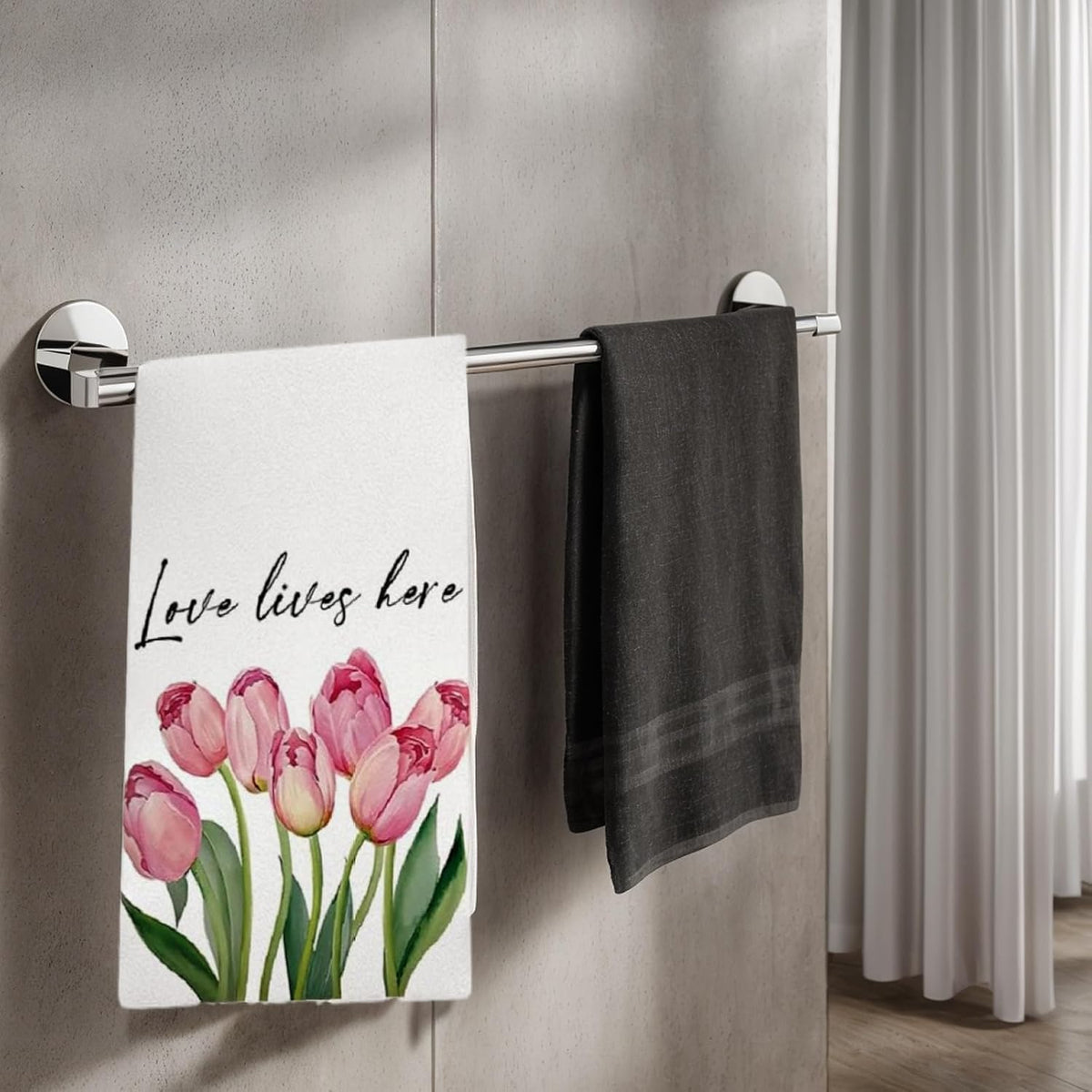 Spring Pink Tulip Flowers Dish Towels Hand Towels, 16x24 inch Pink Floral Kitchen Towels Set of 2, Decorative Towels Drying Cloth for Bathroom Kitchen Decoration