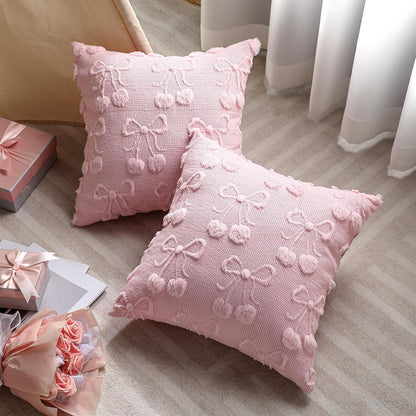 Pink Bow Pillow Covers Set of 2 Cute Cherry Throw Pillow Cover 18 x 18 Coquette Decor Preppy Soft Fluffy Plush Pillowcover Aesthetic Gift for Girls Room Decor Living Room Sofa Couch