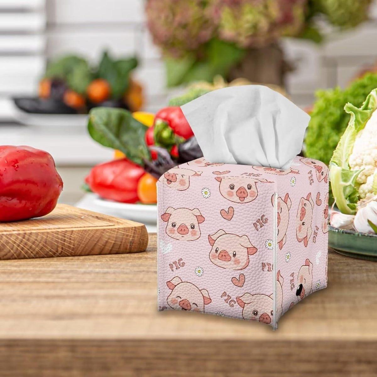 Modern PU Leather Tissue Cube Holder Hearts Pig Tissue Box Cover for Living Room Bedroom Print Square Tissue Box Holder Pink Desk Nightstand Facial Paper Organizer Home Decor