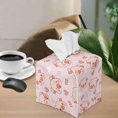 Modern PU Leather Tissue Cube Holder Hearts Pig Tissue Box Cover for Living Room Bedroom Print Square Tissue Box Holder Pink Desk Nightstand Facial Paper Organizer Home Decor