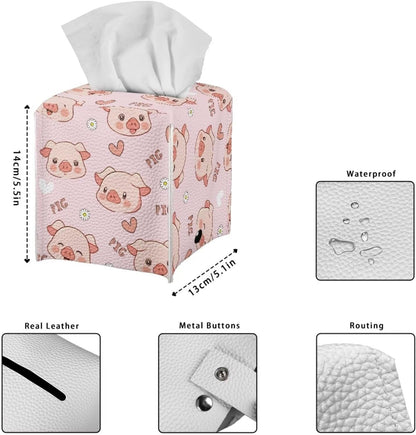 Modern PU Leather Tissue Cube Holder Hearts Pig Tissue Box Cover for Living Room Bedroom Print Square Tissue Box Holder Pink Desk Nightstand Facial Paper Organizer Home Decor