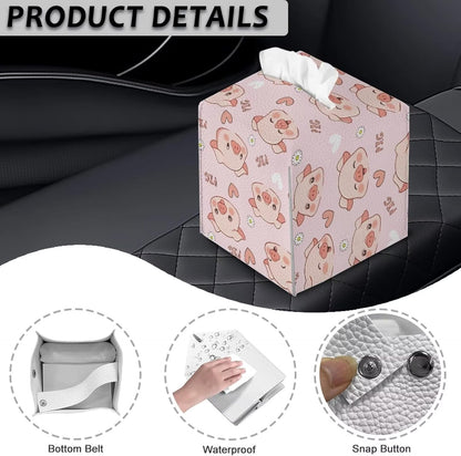 Modern PU Leather Tissue Cube Holder Hearts Pig Tissue Box Cover for Living Room Bedroom Print Square Tissue Box Holder Pink Desk Nightstand Facial Paper Organizer Home Decor