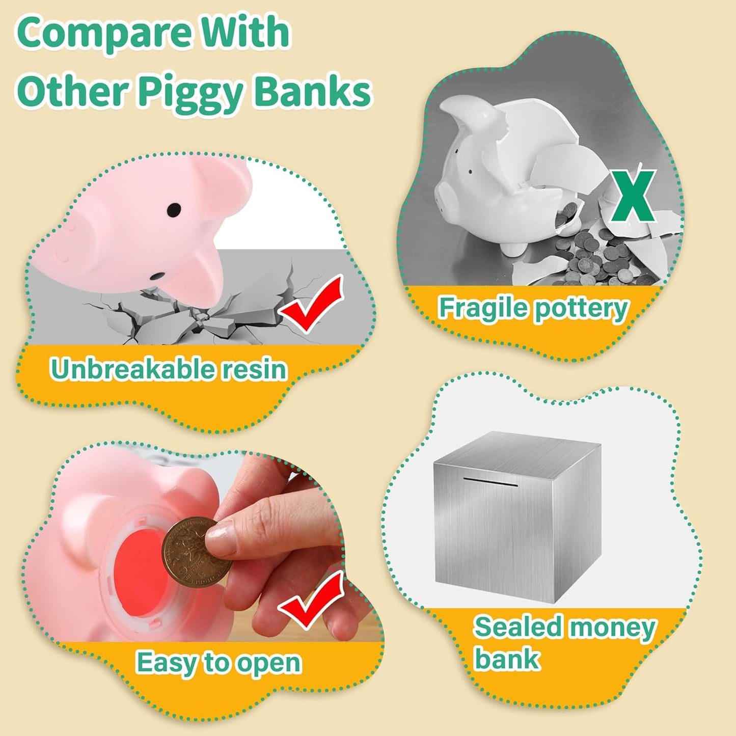 Piggy Bank for Kids, Plastic Coin Bank, Unbreakable Money Banks, Cute Piggy Banks for Kids, First Money Box, Best Birthday Gifts Home Decoration（Pink）