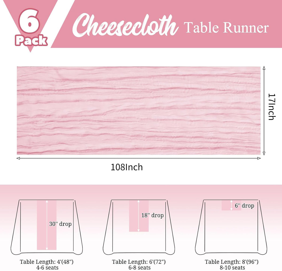 6 Pack Pink Cheesecloth Table Runner Boho Gauze Wedding Decor