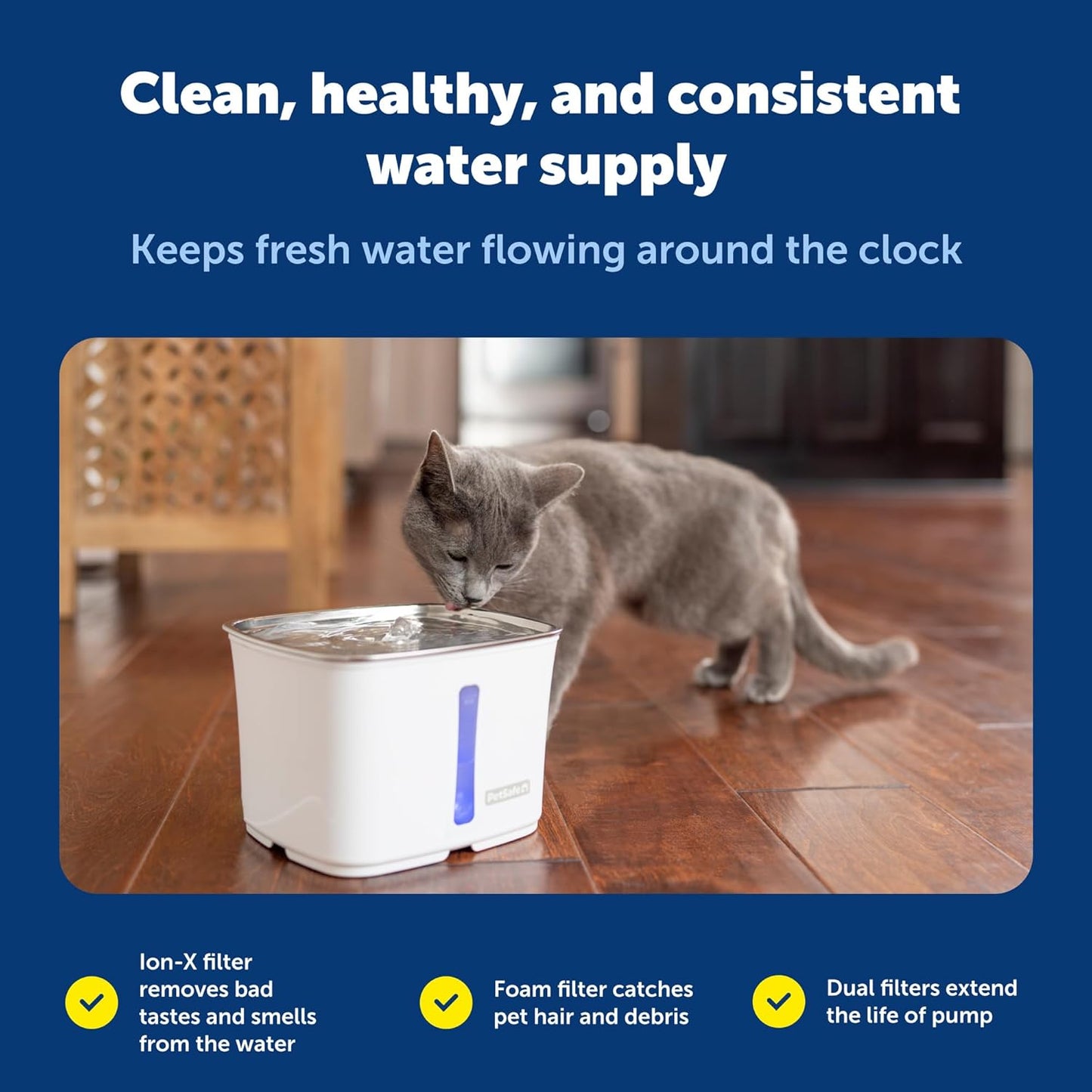 PetSafe Viva Cat Water Fountain (64oz/1.8L) Indoor Water Dispenser for Cats and Small Dogs, Stainless-Steel Bowl with Whisper Quiet Pump, Dishwasher Safe, Easy to Clean, Water Filters Included