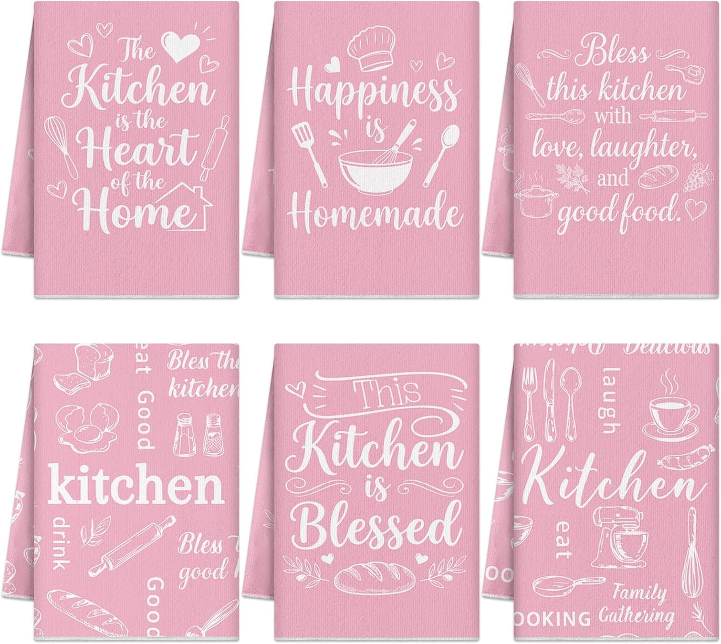 Pink Kitchen Towels Absorbent Microfiber, Cute Decorative Dish Towels for Drying, Heart of The Home Quote Hand Tea Towel Set of 6, Sweet Baking Theme Decor Gifts for Mom Women, 16x24 Inch