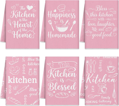 Pink Kitchen Towels Absorbent Microfiber, Cute Decorative Dish Towels for Drying, Heart of The Home Quote Hand Tea Towel Set of 6, Sweet Baking Theme Decor Gifts for Mom Women, 16x24 Inch