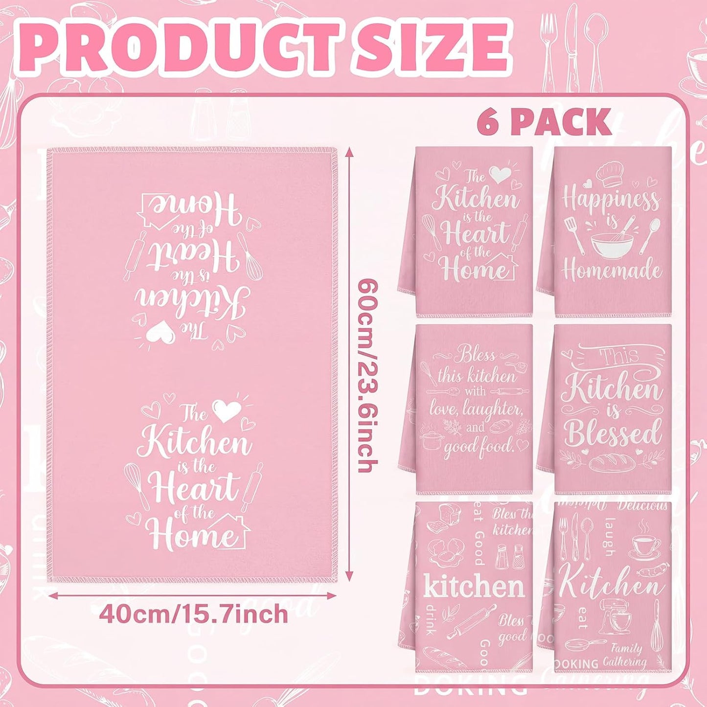 Pink Kitchen Towels Absorbent Microfiber, Cute Decorative Dish Towels for Drying, Heart of The Home Quote Hand Tea Towel Set of 6, Sweet Baking Theme Decor Gifts for Mom Women, 16x24 Inch
